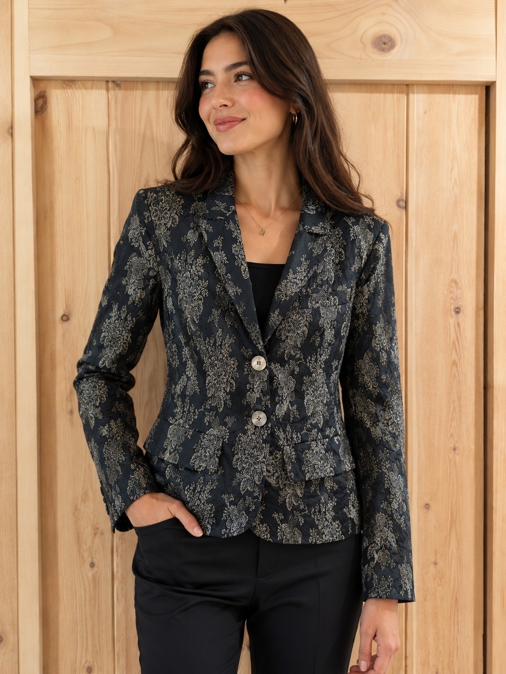 Anne Klein Black & Gold Floral Brocade Silk Blend Blazer